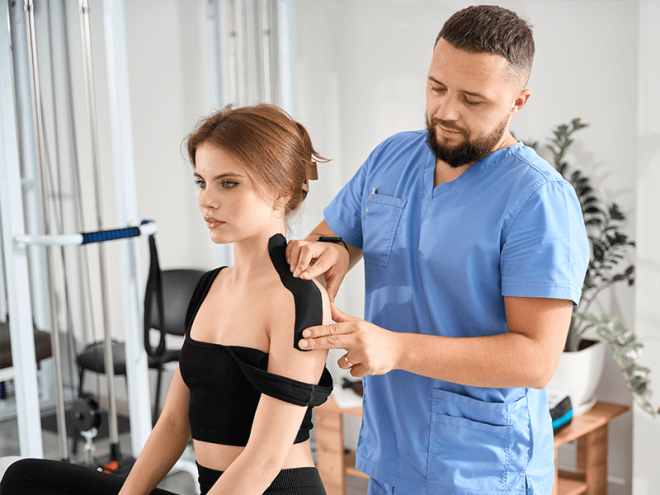 physiatrist giving care to woman