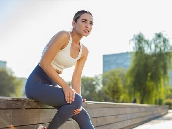 woman with joint pain stretching outdoors 