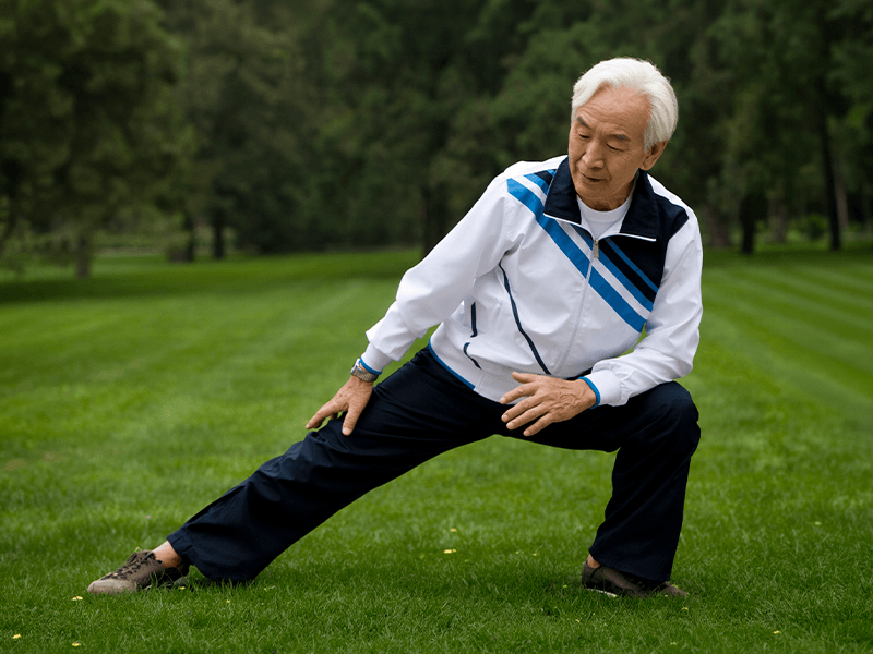 man in track jacket stretching on lawn